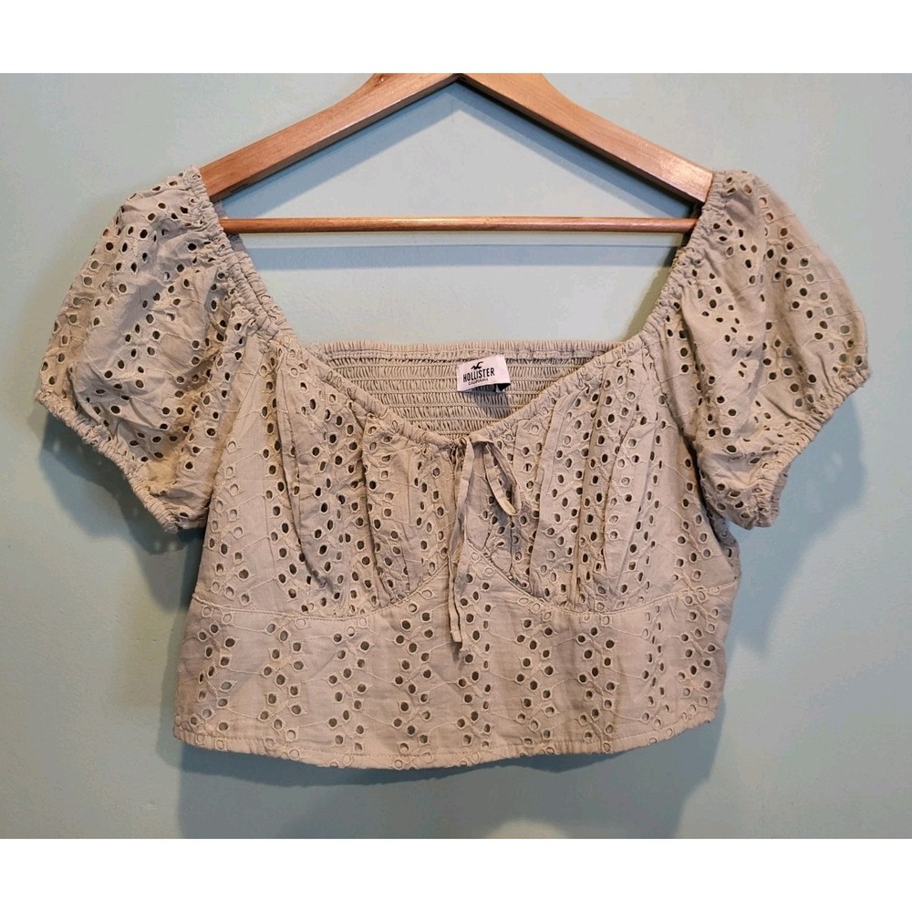 Hollister Pale Green Eyelet Lace Puff Sleeve Babydoll Crop Top Y2K Coquette Sz L